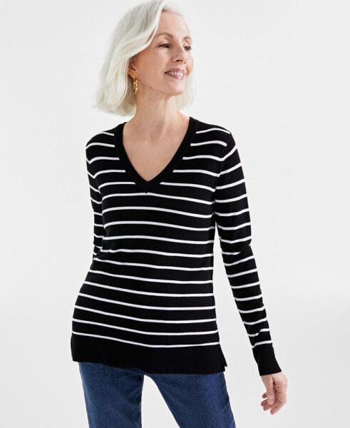 Women's Striped V-Neck Sweater, Created for Macy's