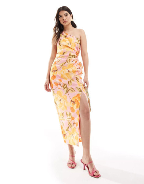 Forever New asymmetrical cut out waist midi dress in yellow floral