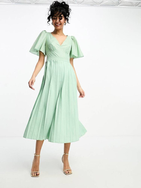 Little Mistress plunge flutter sleeve midi dress in sage green