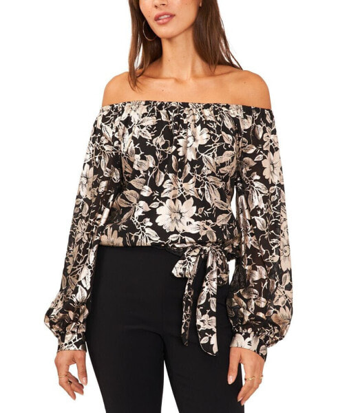 Women's Floral Metallic-Chiffon Balloon-Sleeve Top