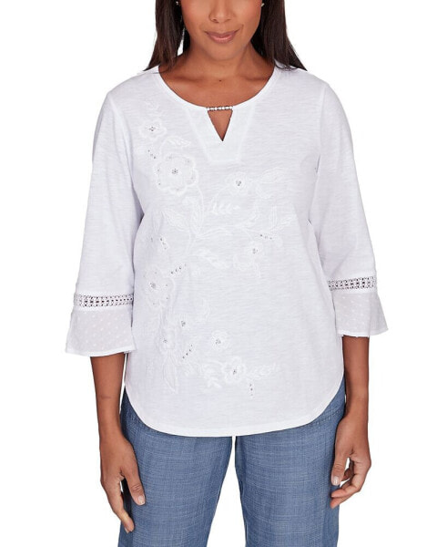 Petite Embroidered Embellished Keyhole Top