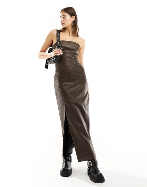 Stradivarius faux leather bandeau maxi dress in washed brown