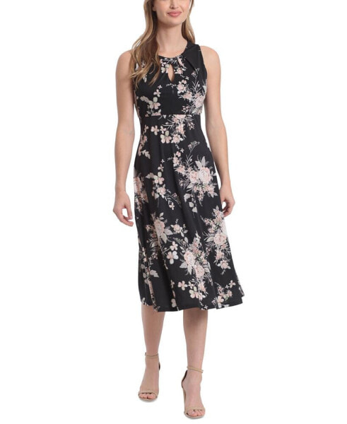 Petite Pleated Keyhole Floral-Print Midi Dress