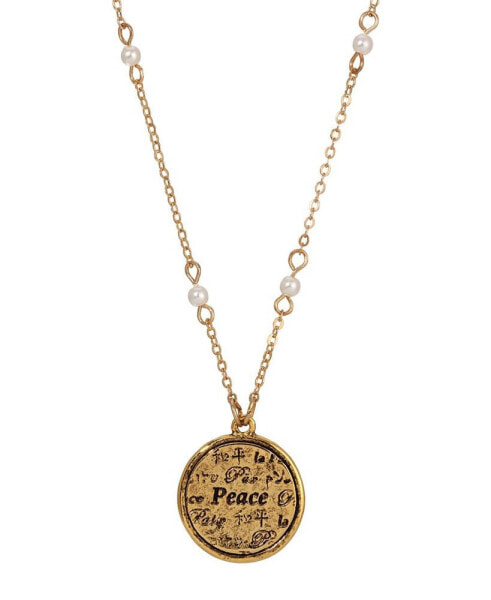 Gold-Tone and Imitation Pearl Multi Language Round Peace Medallion Necklace