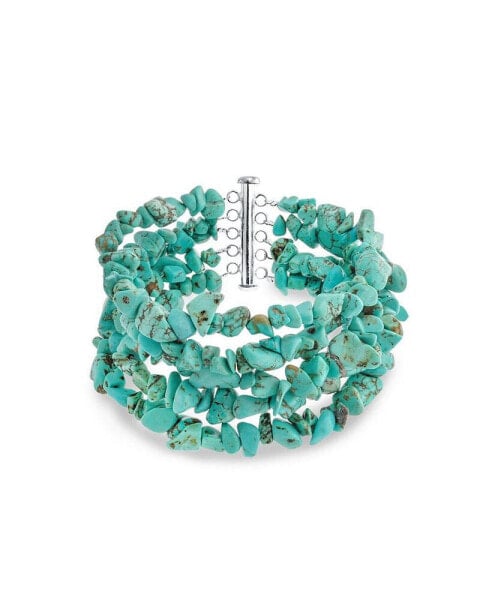 Statement Wide Stabilized Blue Natural Turquoise Chips Multi Strand Bracelet For Women Sterling Silver Tube Clasp