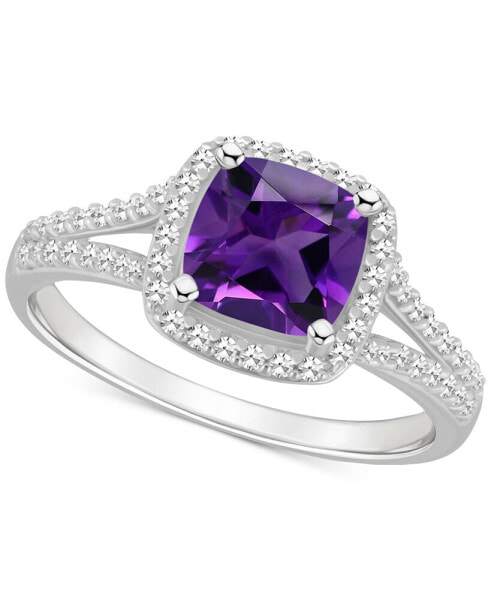 Amethyst (1-1/2 ct. t.w.) & Diamond (1/4 ct. t.w.) Cushion Halo Split Shank Ring in Sterling Silver (Also in Citrine, Garnet, Peridot, & Blue Topaz)