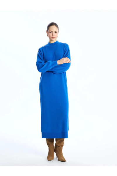 Yarım Balıkçı Yaka Düz Uzun Kollu Kadın Triko Elbise