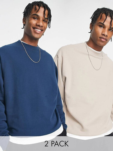 ASOS DESIGN oversized sweatshirt 2 pack in blue and beige