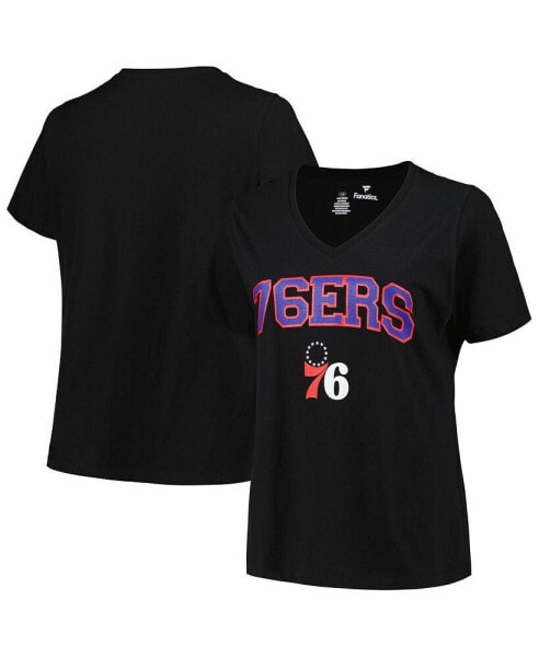 Women's Black Philadelphia 76ers Plus Size Arch Over Logo V-Neck T-shirt