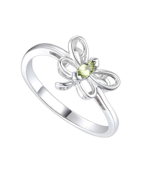 Sterling Silver White Gold Plated with Peridot Tourmaline Gemstone Butterfly Ring for Kids/Teens