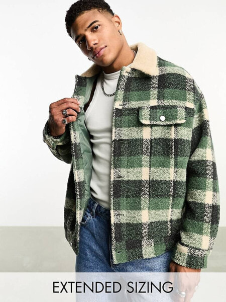 ASOS DESIGN oversized wool look western jacket in green check with borg collar