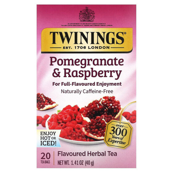 Twinings, травяной чай, гранат и малина, без кофеина, 20 чайных пакетиков, 40 г (1,41 унции)