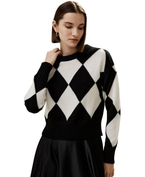 Women's Round Neck Diamond Pattern Cashmere Sweater for Women