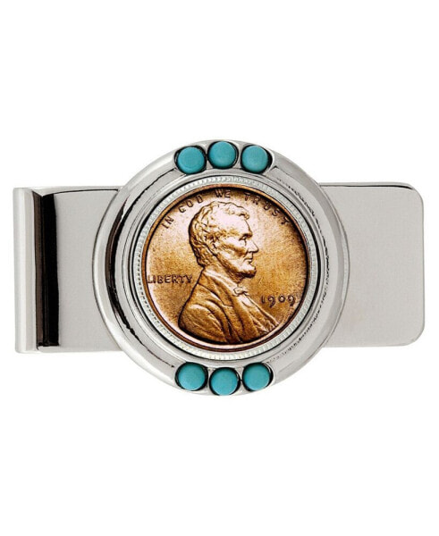 Men's 1909 First-Year-Of-Issue Lincoln Penny Turquoise Coin Money Clip