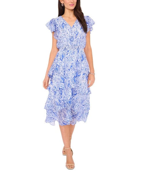 Women's Printed Flutter-Sleeve Tiered Midi Dress