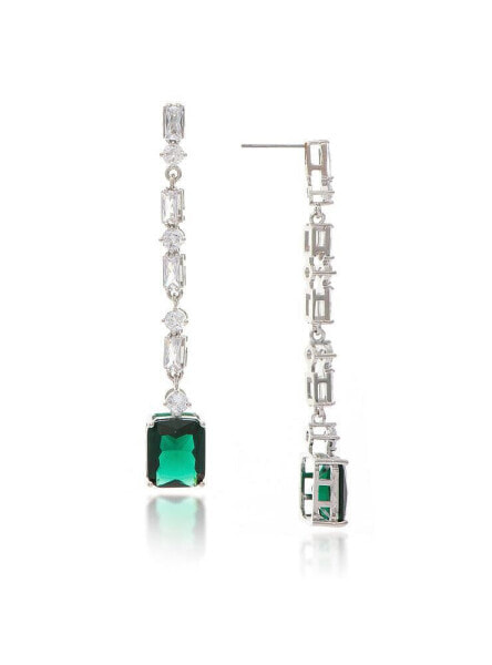 White Rhodium Clad Emerald Crystal + Cubic Zirconia Earrings