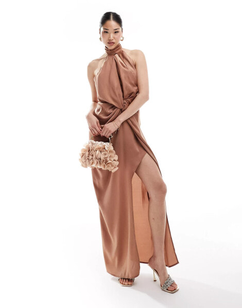 ASOS DESIGN halter neck satin maxi dress with twist front in mocha