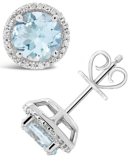 Aquamarine (2-1/2 ct. t.w.) and Diamond (1/6 ct. t.w.) Stud Earrings in Sterling Silver