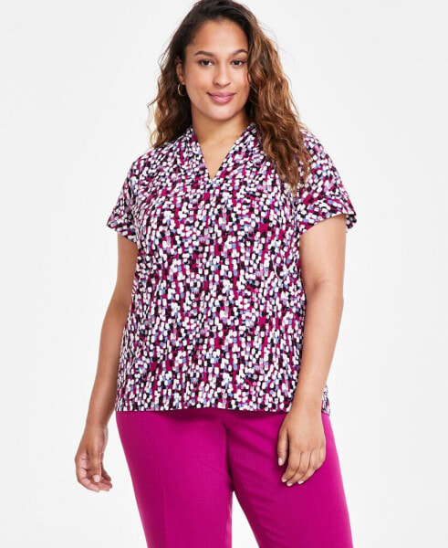 Plus Size Printed V-Neck Short-Sleeve Top