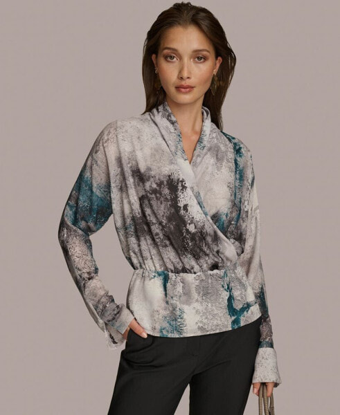 Donna Karan Women's Printed Faux-Wrap Long-Sleeve Top