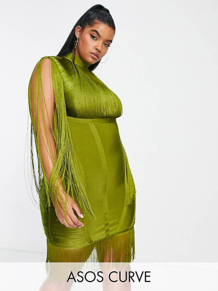 ASOS DESIGN Curve bandage fringe mini dress in khaki