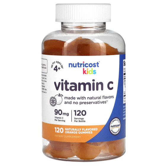 Nutricost, Витамин C для детей, от 4 лет, апельсин, 90 мг, 120 жевательных таблеток