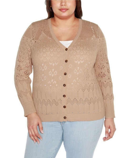 Black Label Plus Size Pointelle Button Front Cardigan Sweater