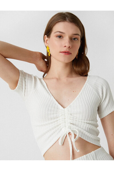 Футболка Koton Crop V Neck Pleated