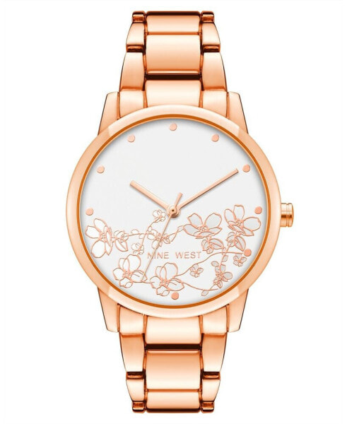 Women's Quartz Rose Gold-Tone Alloy Link Bracelet and Floral Pattern Watch, 35mm