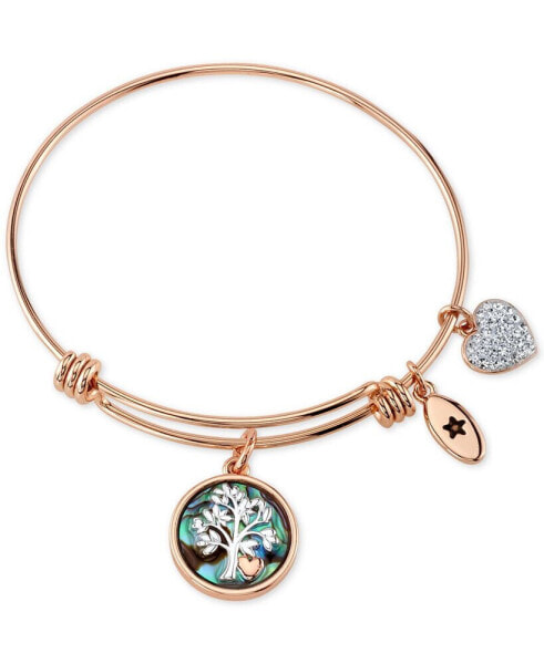 Family Tree Inlay Charm Bangle Stainless Steel Bracelet in Rose Gold-Tone with Silver Plated Charms