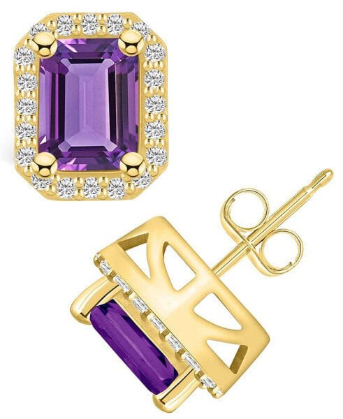 Amethyst (3-1/5 ct. t.w.) and Diamond (3/8 ct. t.w.) Halo Stud Earrings in 14K Yellow Gold