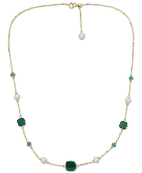 EFFY® Freshwater Pearl (4-1/2mm), Malachite, & Emerald (1/2 ct. t.w.) 17" Collar Necklace in 14k Gold