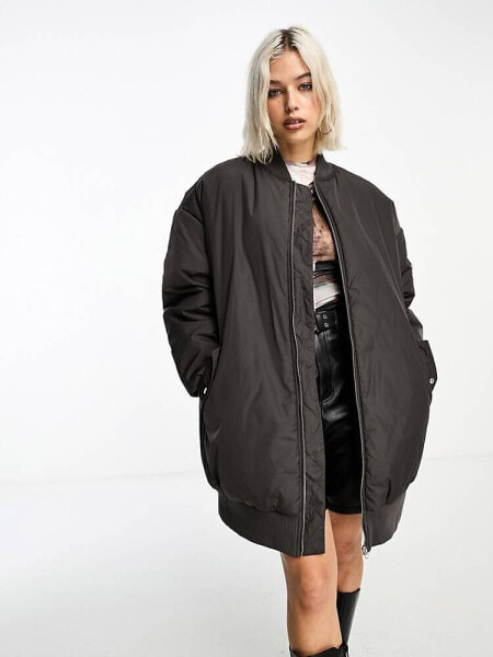 COLLUSION longline bomber jacket in chocolate brown