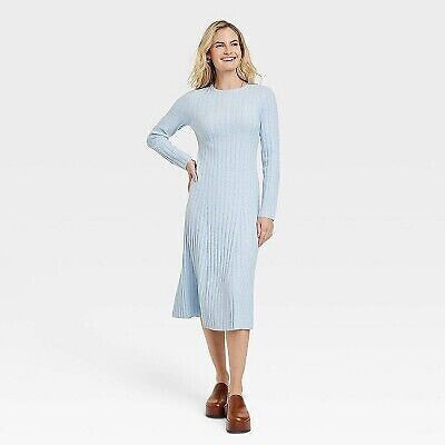 Women's Long Sleeve Midi Ribbed Sweater Dress - A New Day Blue L