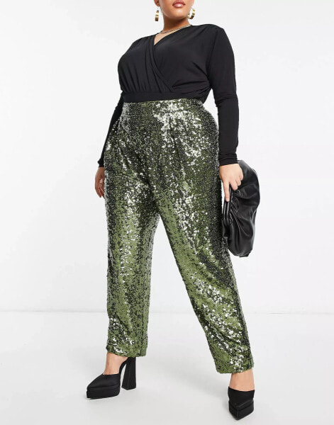 ASOS DESIGN Curve sequin slouchy trouser in khaki