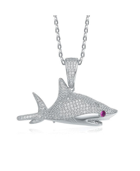 Rhodium-Plated with Ruby & Cubic ZIrconia Ice Out Shark Pendant Necklace in Sterling Silver