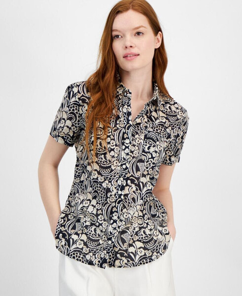 Women's Cotton Floral-Print Short-Sleeve Shirt