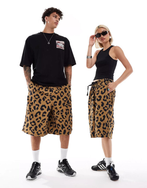 COLLUSION unisex washed leopard print longline shorts