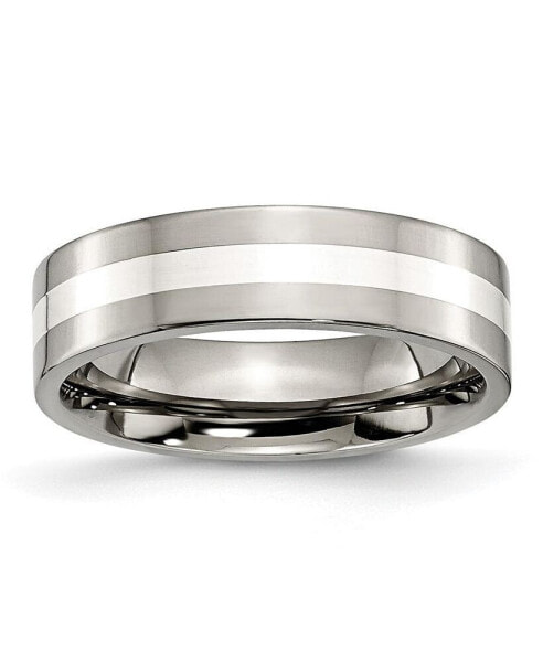 Titanium Sterling Silver Inlay Flat Wedding Band Ring