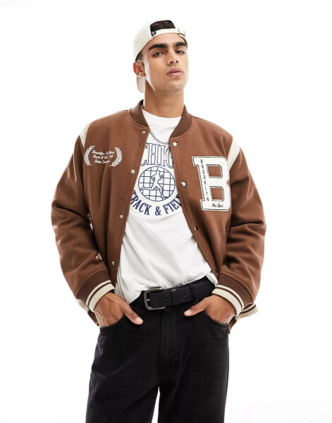 Abercrombie & Fitch badge logo varsity bomber jacket in tan