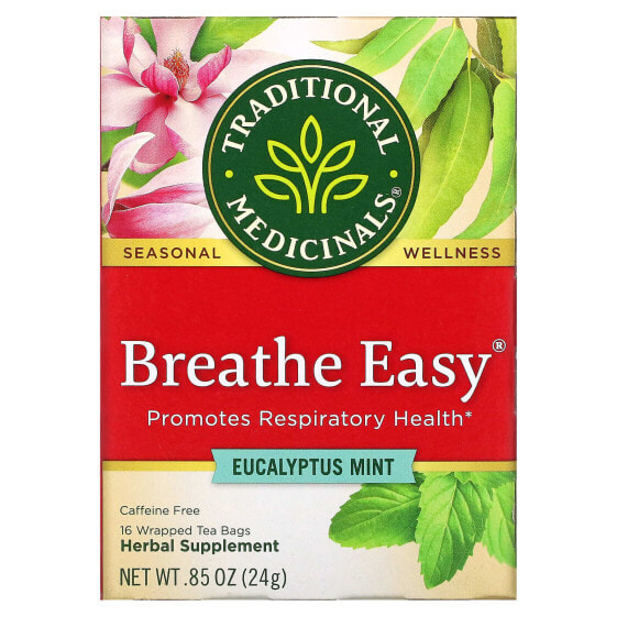 Traditional Medicinals, Breathe Easy, эвкалипт и мята, без кофеина, 16 чайных пакетиков в упаковке, 24 г (0,85 унции)