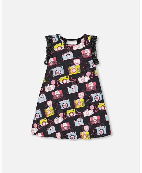 Girl Printed Dress With Mesh Sleeves Black - Toddler Child