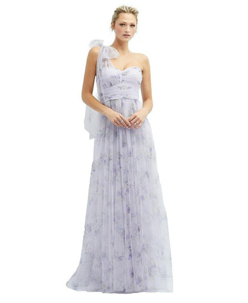 Floral Scarf Tie One-Shoulder Tulle Dress with Long Full Skirt