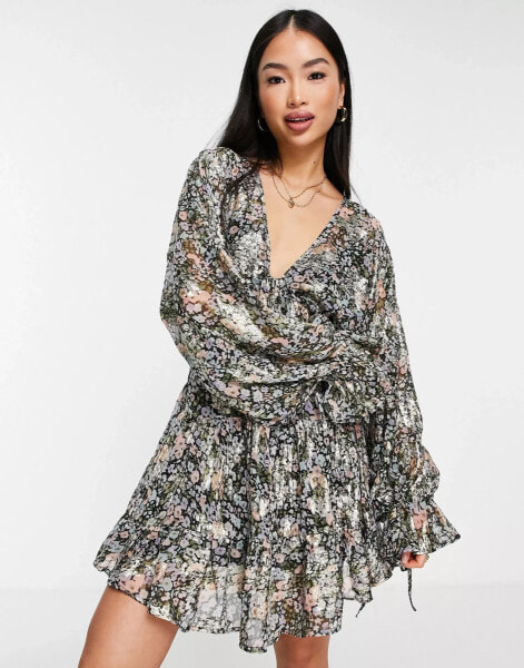 ASOS DESIGN mini smock dress with tie waist in ditsy printed jacquard chiffon