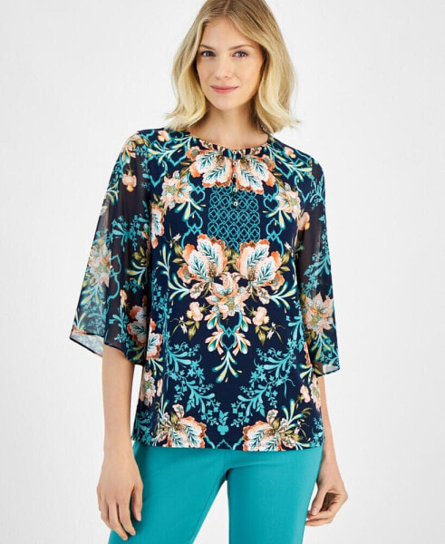 Women's Button-Trim Printed 3/4-Sleeve Top, Created for Macy's