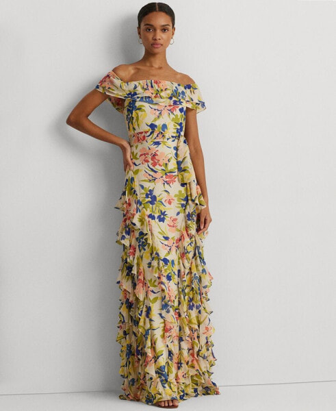 Women's Ruffled Floral Off-The-Shoulder Gown