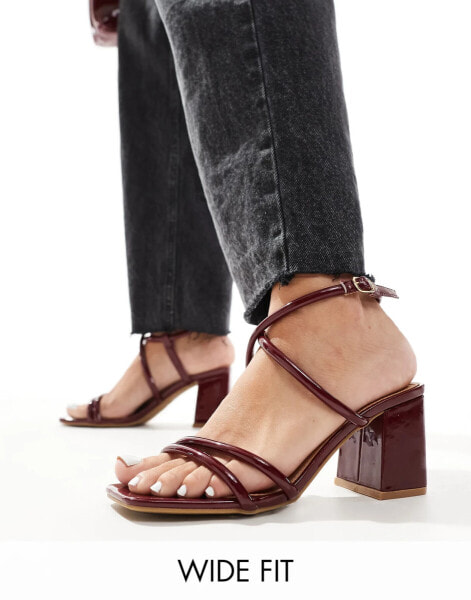 SEQWL Wide Fit mid block heel sandals in burgundy