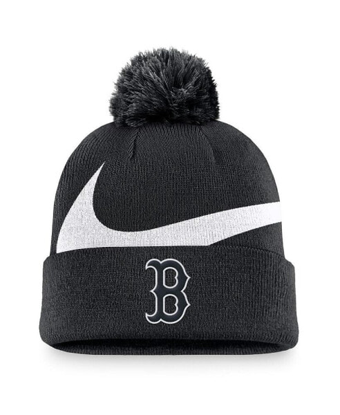 Men's Black Boston Red Sox Swoosh Peak Cuffed Knit Hat with Pom