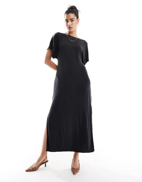 & Other Stories lux jersey midi dress with boat neck and thigh split in black