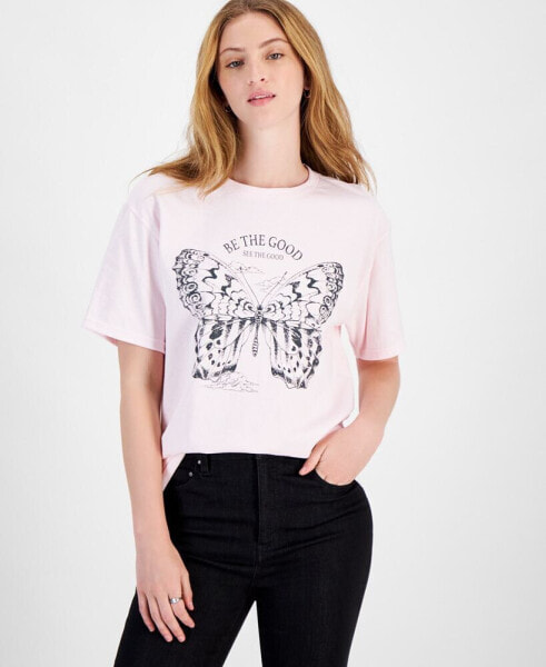 Juniors' Butterfly-Graphic Cotton Crewneck T-Shirt